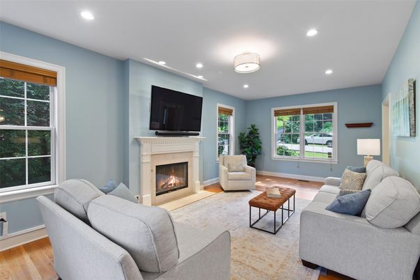 Fireplace, Interior, Living room, Recessed Lighting, Wood Texture Flooring