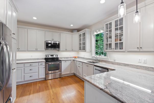 Interior, Kitchen, Pendant Lights, Recessed Lighting, Stainless Steel Appliances, Wood Texture Flooring