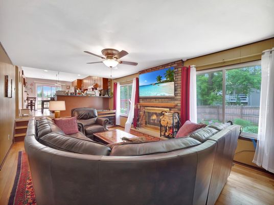 Fireplace, Interior, Living room, Pendant Lights, Stone Walls, Wood Texture Flooring