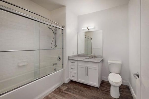 Bathroom, Glass Shower, Interior, Wood Texture Flooring