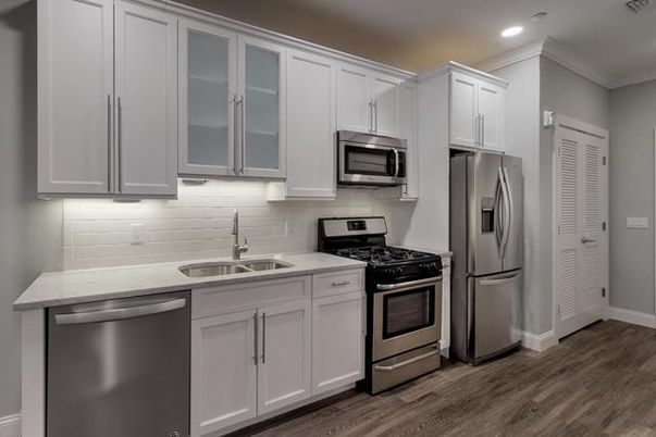 Interior, Kitchen, Recessed Lighting, Stainless Steel Appliances, Wood Texture Flooring
