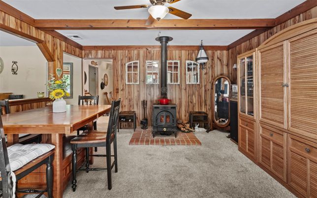 Dining room, Fireplace, Interior, Wooden Beams, Wooden Walls