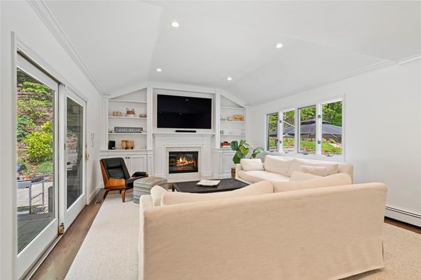 Fireplace, Interior, Living room, Recessed Lighting, Wood Texture Flooring