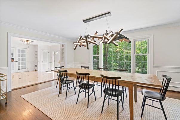 Dining room, Interior, Pendant Lights, Wood Texture Flooring