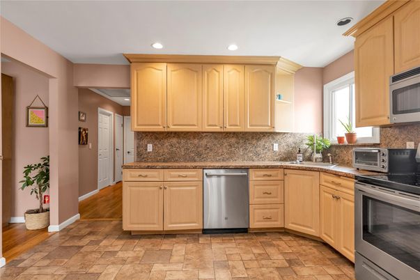 Interior, Kitchen, Recessed Lighting, Stainless Steel Appliances, Wood Texture Flooring