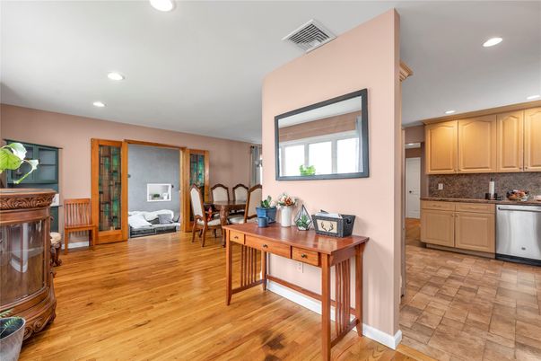 Dining room, Interior, Kitchen, Recessed Lighting, Wood Texture Flooring