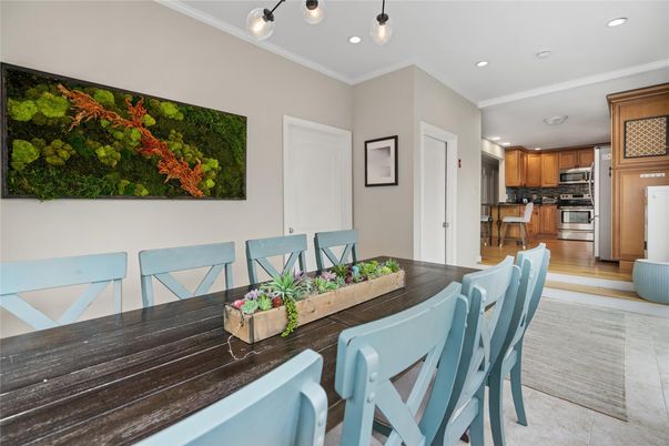 Dining room, Interior, Kitchen, Recessed Lighting, Stainless Steel Appliances, Wood Texture Flooring