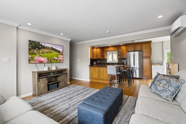 Interior, Kitchen, Living room, Recessed Lighting, Stainless Steel Appliances, Wood Texture Flooring