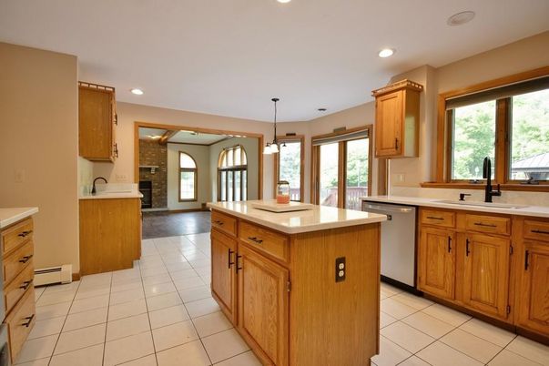 Fireplace, Interior, Kitchen, Pendant Lights, Recessed Lighting, Stone Walls