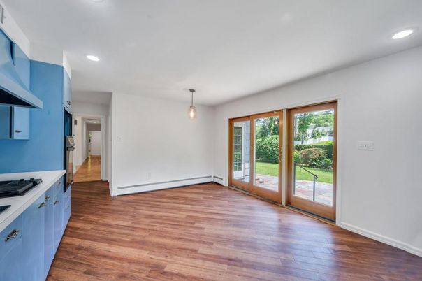 Empty room, Interior, Kitchen, Pendant Lights, Recessed Lighting, Wood Texture Flooring
