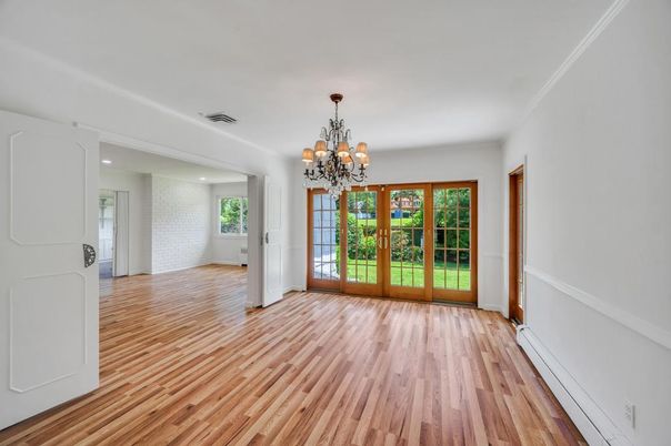 Chandelier, Empty room, Interior, Recessed Lighting, Wood Texture Flooring