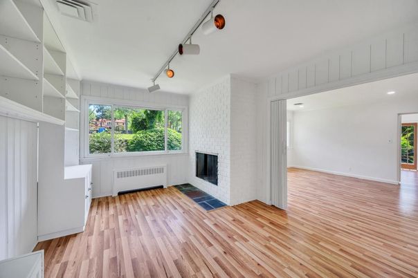 Empty room, Fireplace, Interior, Recessed Lighting, Wood Texture Flooring