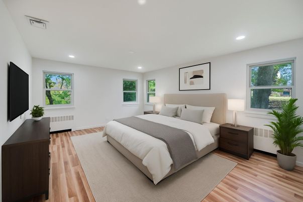 Bedroom, Interior, Recessed Lighting, Wood Texture Flooring