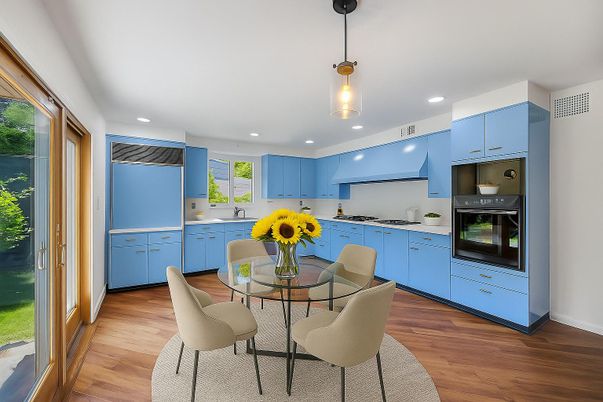 Dining room, Interior, Kitchen, Pendant Lights, Recessed Lighting, Stainless Steel Appliances, Wood Texture Flooring