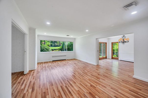 Chandelier, Empty room, Interior, Recessed Lighting, Wood Texture Flooring