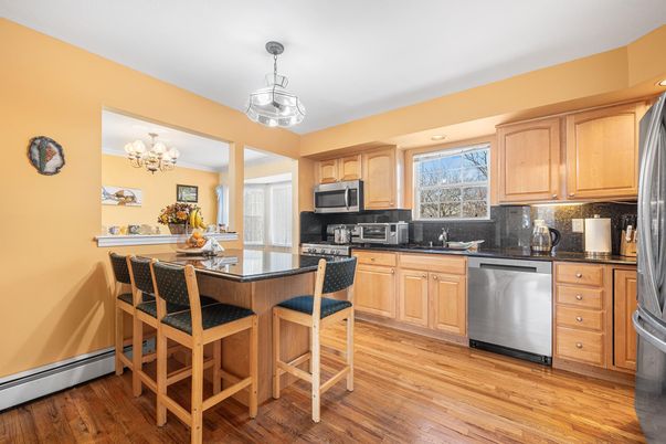 Chandelier, Interior, Kitchen, Recessed Lighting, Stainless Steel Appliances, Wood Texture Flooring