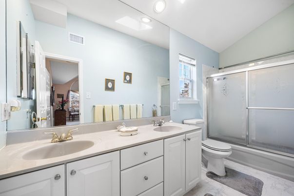 Bathroom, Dual Sink Vanities, Glass Shower, Interior, Marble, Recessed Lighting