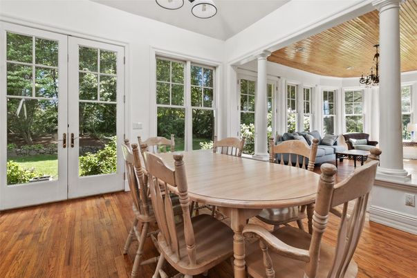 Dining room, Interior, Pendant Lights, Wood Texture Flooring
