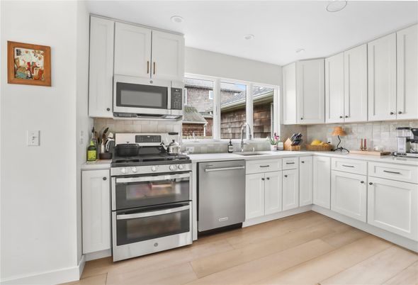 Interior, Kitchen, Recessed Lighting, Stainless Steel Appliances, Wood Texture Flooring