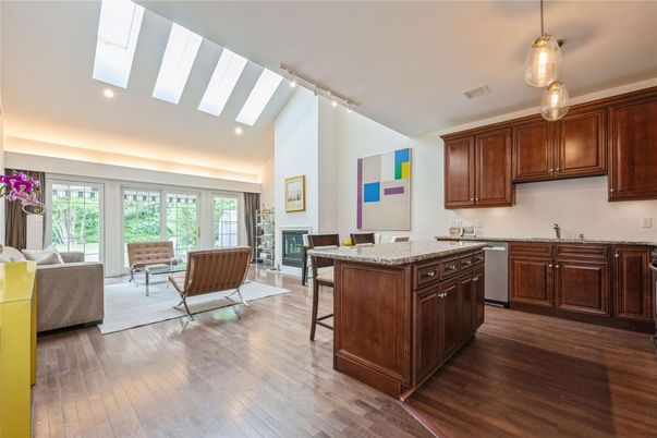 Fireplace, Interior, Kitchen, Living room, Pendant Lights, Recessed Lighting, Wood Texture Flooring