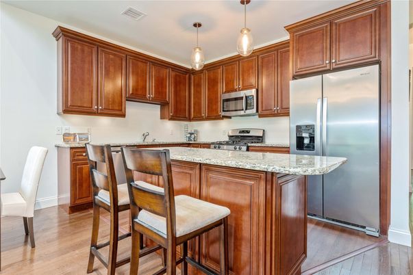 Interior, Kitchen, Pendant Lights, Stainless Steel Appliances, Wood Texture Flooring