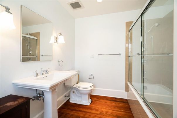 Bathroom, Glass Shower, Interior, Wood Texture Flooring