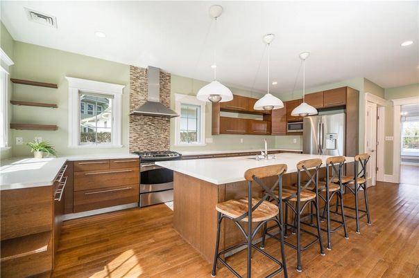 Interior, Kitchen, Pendant Lights, Recessed Lighting, Stainless Steel Appliances, Wood Texture Flooring
