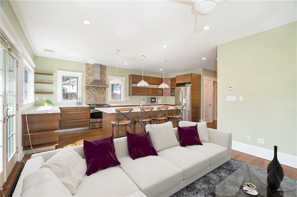 Interior, Kitchen, Living room, Pendant Lights, Recessed Lighting, Stainless Steel Appliances, Stone Walls, Wood Texture Flooring