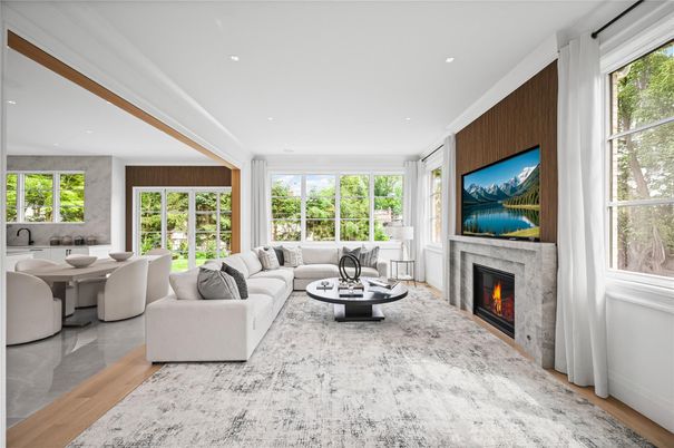 Dining room, Fireplace, Interior, Living room, Recessed Lighting, Wood Texture Flooring