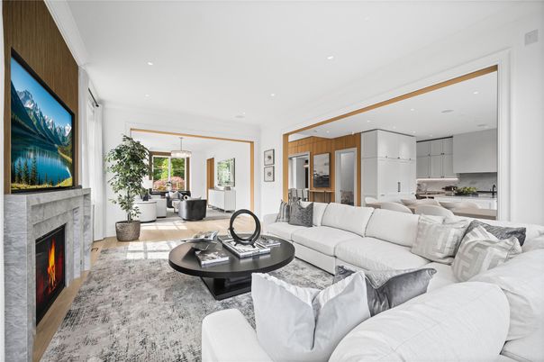 Dining room, Fireplace, Interior, Kitchen, Living room, Pendant Lights, Recessed Lighting