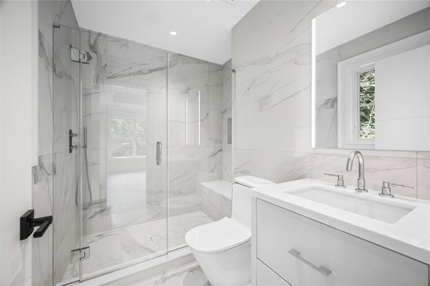Bathroom, Glass Shower, Interior, Marble, Marble Walls, Recessed Lighting