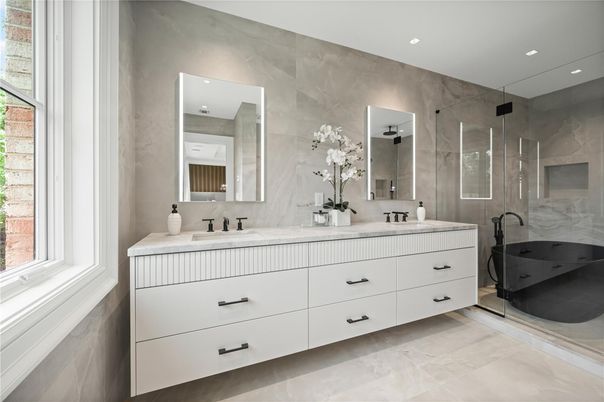 Bathroom, Dual Sink Vanities, Glass Shower, Interior, Recessed Lighting