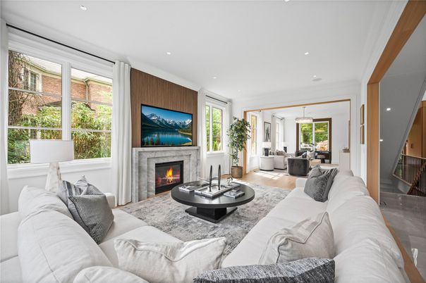 Fireplace, Interior, Living room, Pendant Lights, Recessed Lighting, Wood Texture Flooring