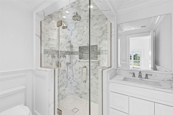 Bathroom, Glass Shower, Interior, Marble, Marble Walls, Recessed Lighting