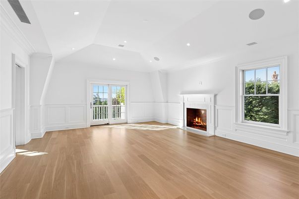 Empty room, Fireplace, Interior, Recessed Lighting, Wood Texture Flooring