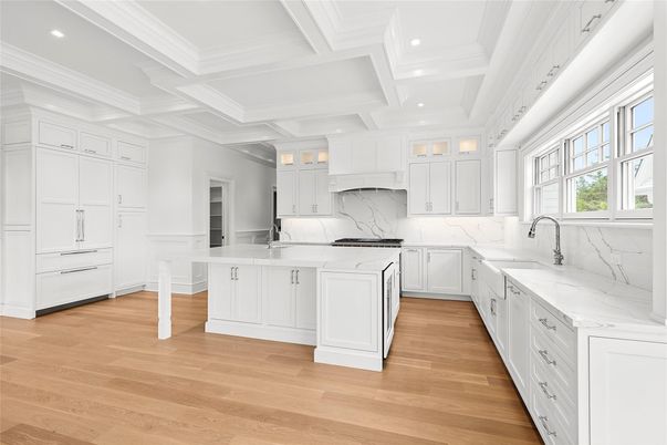 Interior, Kitchen, Marble Walls, Recessed Lighting, Wood Texture Flooring