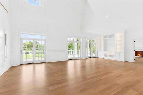 Empty room, Fireplace, Interior, Recessed Lighting, Wood Texture Flooring