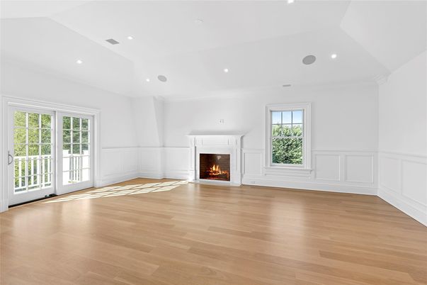 Empty room, Fireplace, Interior, Recessed Lighting, Wood Texture Flooring
