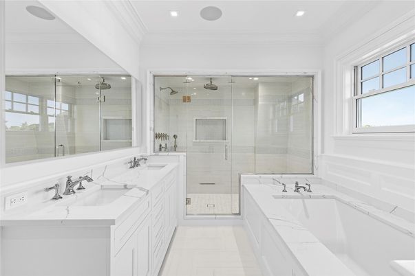 Bathroom, Dual Sink Vanities, Glass Shower, Interior, Recessed Lighting