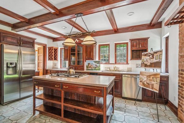 Interior, Kitchen, Pendant Lights, Recessed Lighting, Stainless Steel Appliances, Stone Walls, Wooden Beams
