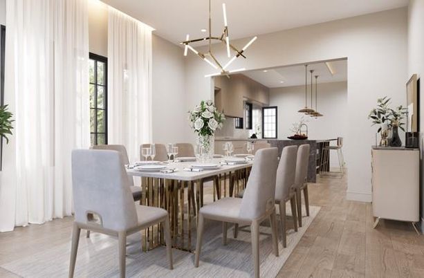 Dining room, Interior, Pendant Lights, Recessed Lighting, Wood Texture Flooring