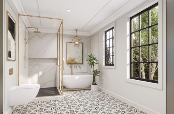 Bathroom, Chandelier, Free Standing Baths, Interior, Marble Walls, Recessed Lighting