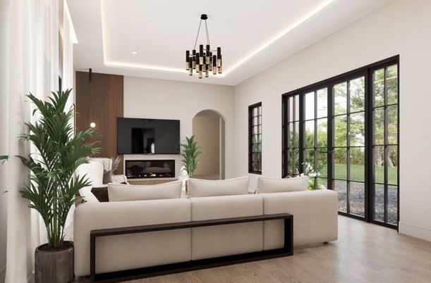 Fireplace, Interior, Living room, Pendant Lights, Recessed Lighting, Wood Texture Flooring