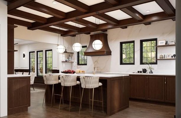 Interior, Kitchen, Pendant Lights, Recessed Lighting, Wooden Beams, Wood Texture Flooring