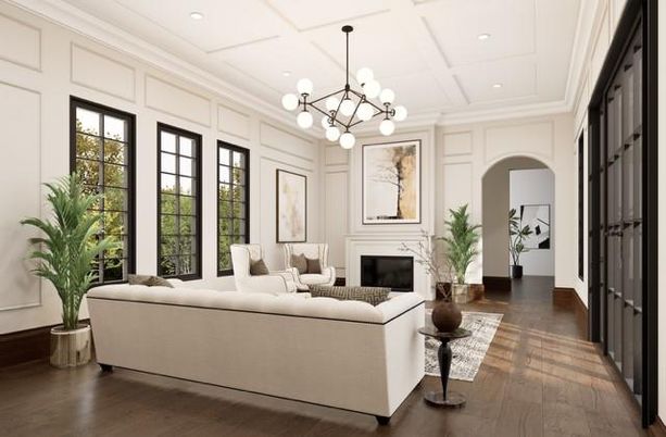 Fireplace, Interior, Living room, Pendant Lights, Recessed Lighting, Wood Texture Flooring