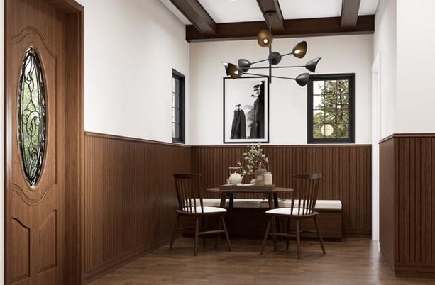 Dining room, Interior, Pendant Lights, Recessed Lighting, Wooden Beams, Wood Texture Flooring, Wooden Walls
