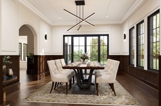 Dining room, Interior, Pendant Lights, Recessed Lighting, Wood Texture Flooring