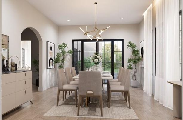 Dining room, Interior, Pendant Lights, Recessed Lighting, Wood Texture Flooring