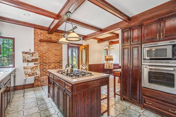 Interior, Kitchen, Pendant Lights, Recessed Lighting, Stainless Steel Appliances, Stone Walls, Wooden Beams