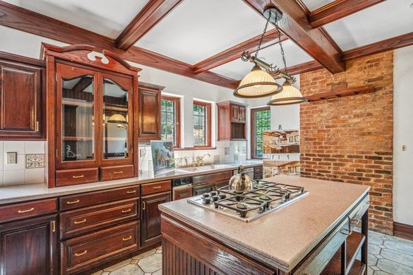 Interior, Kitchen, Pendant Lights, Stone Walls, Wooden Beams